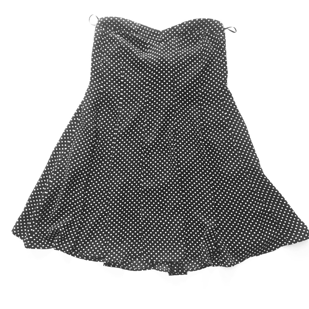 Strapless Navy Blue and White Polka Dot Dress